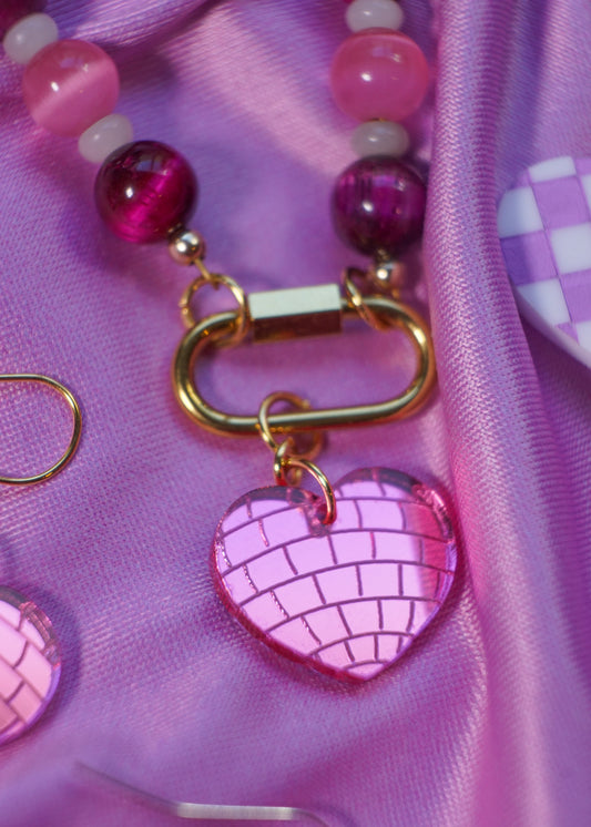 Pink Disco Heart Beaded Necklace