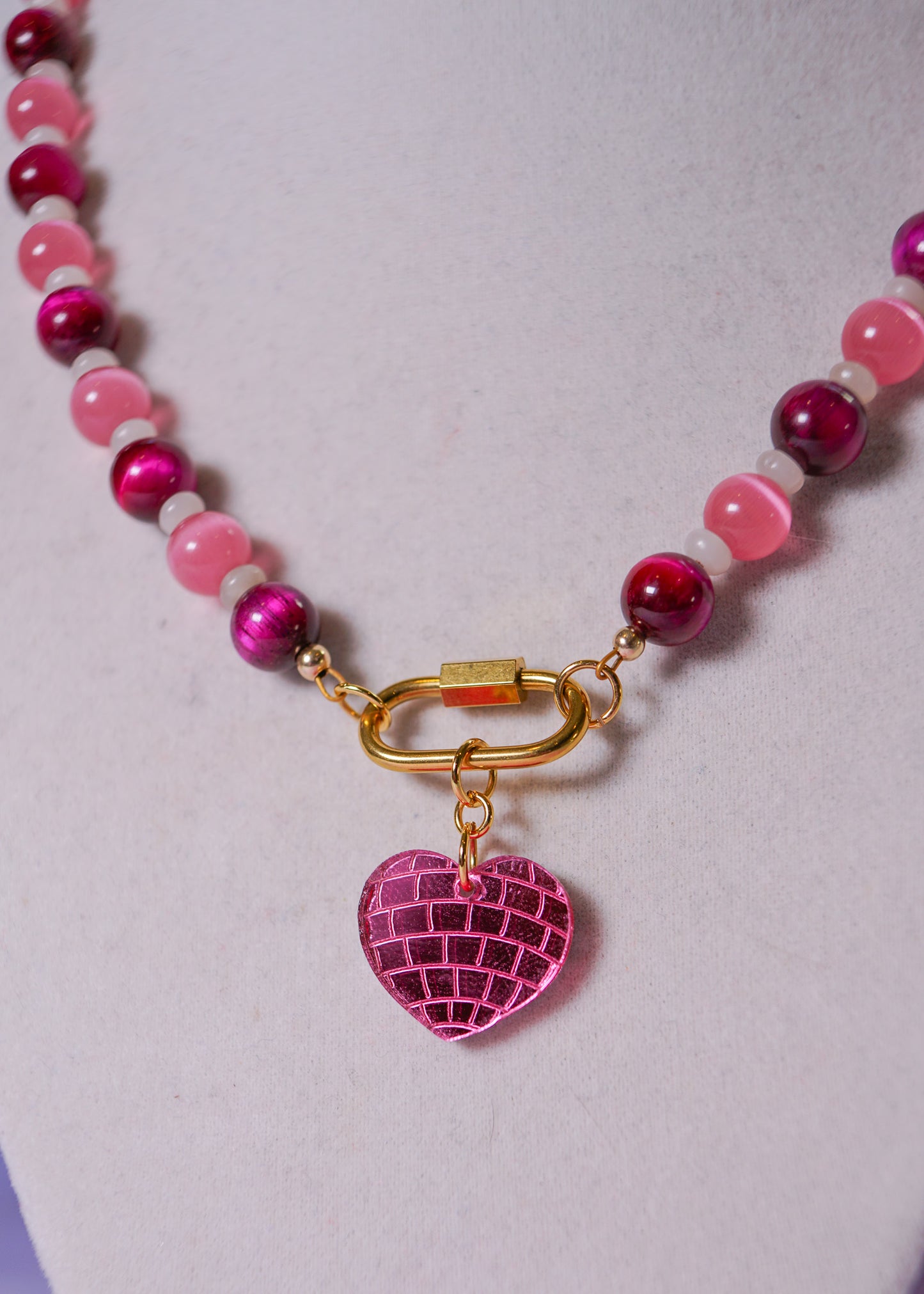 Pink Disco Heart Beaded Necklace
