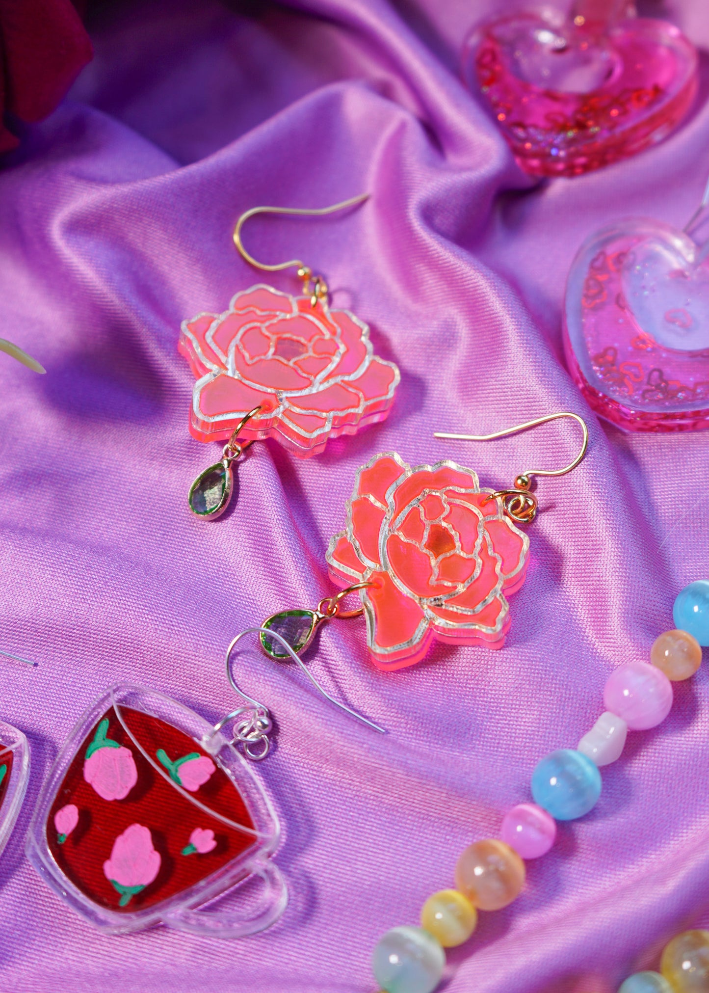 Pink Peony Stained Glass Acrylic Earrings