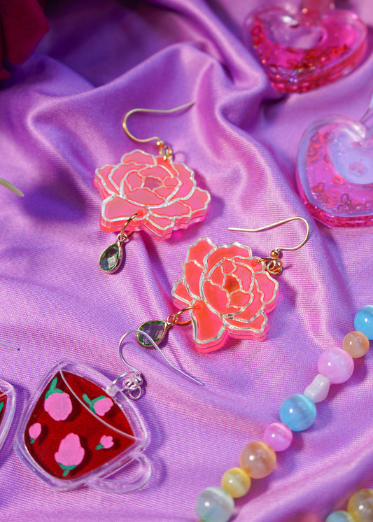 Pink Peony Stained Glass Acrylic Earrings