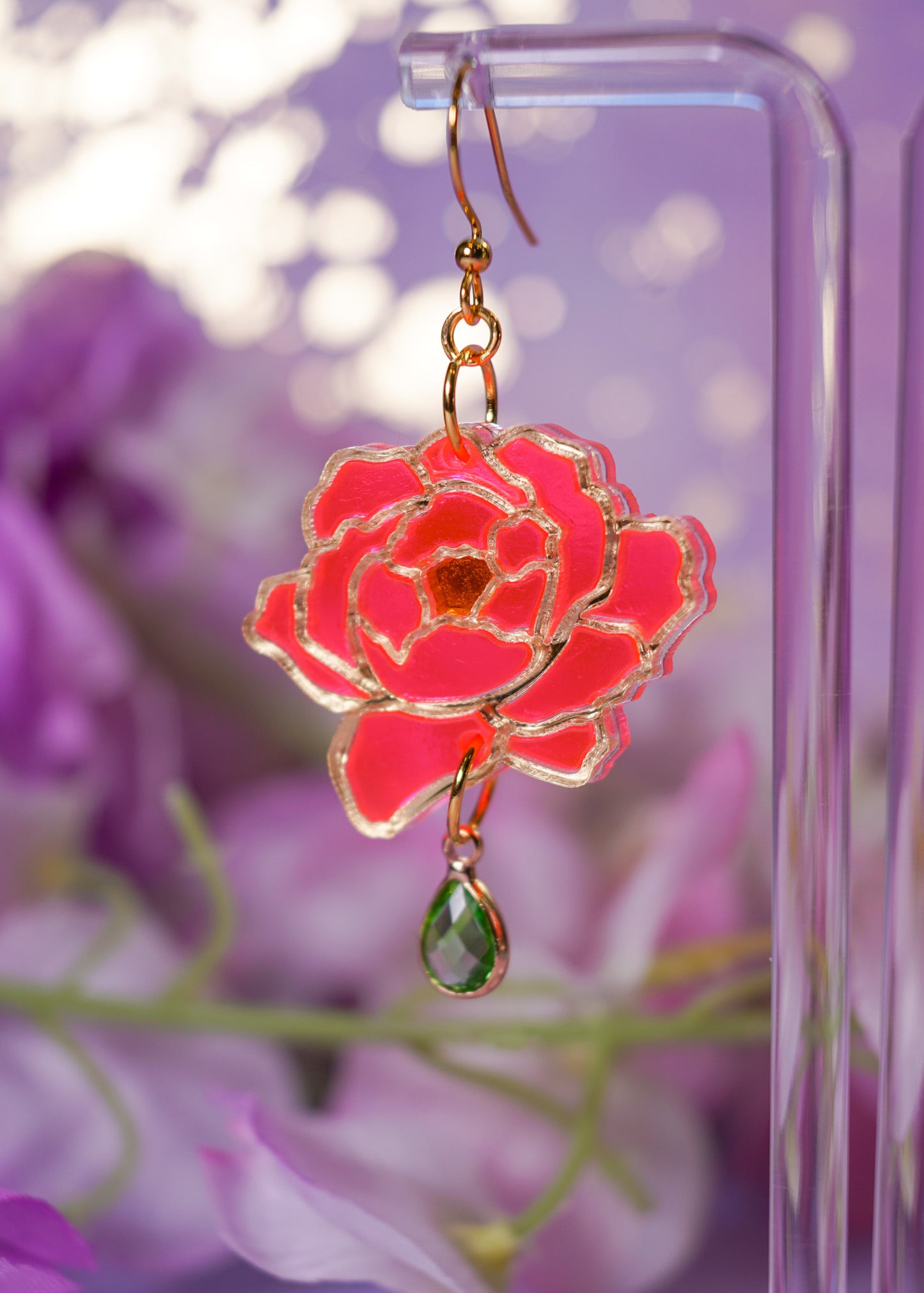 Pink Peony Stained Glass Acrylic Earrings