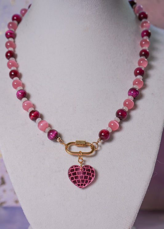 Pink Disco Heart Beaded Necklace