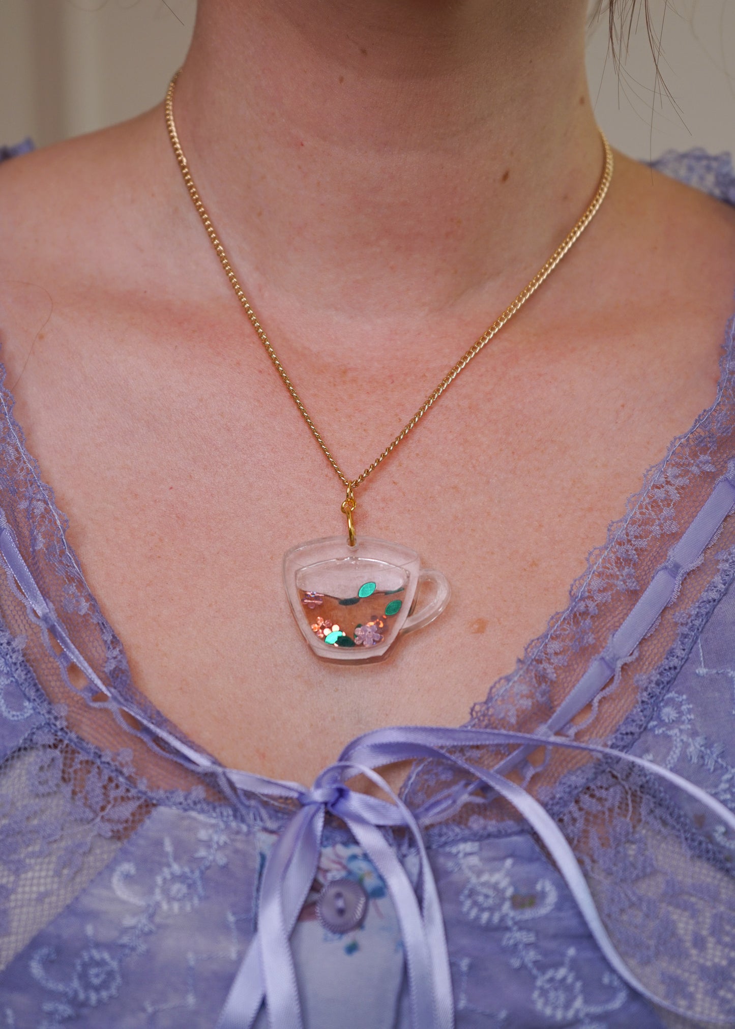 Liquid Filled Tea Cup Necklace