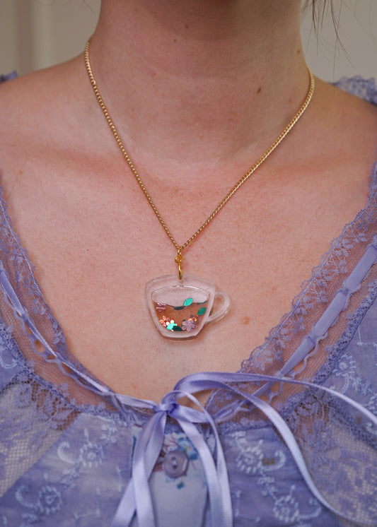 Liquid Filled Tea Cup Necklace